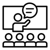 An icon depicting a teacher in front of a whiteboard in front of 4 students